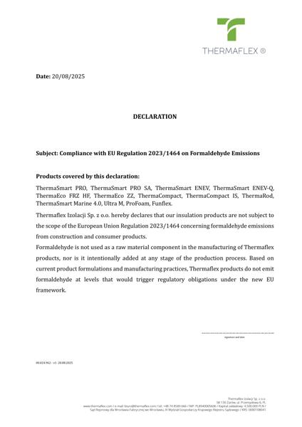 Declaration - Formaldehyde Emissions (EN) | Thermaflex